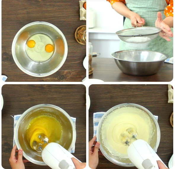 Đập 2 quả trứng gà vào một thau lớn và rây 120gr đường vào thau này. Đun sôi chút nước trong một chiếc nồi nhỏ. Khi nước sôi thì vặn lửa nhỏ, đặt âu đựng trứng lên miệng nồi.