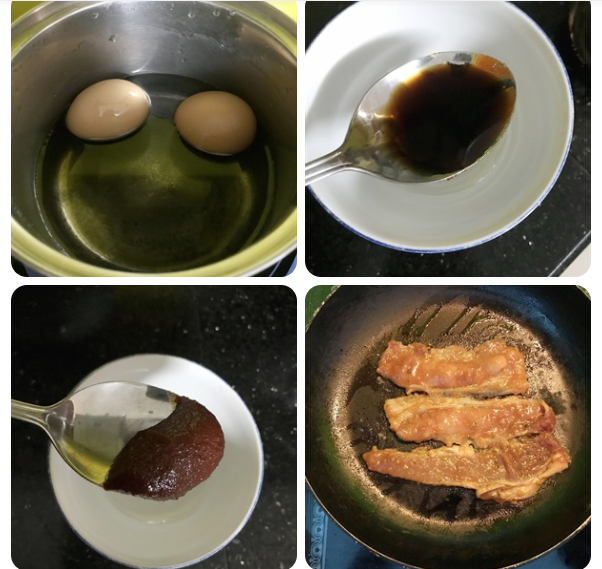 Bước 1: Trứng gà luộc lòng đào trong vòng 7 phút. Thịt ba chỉ thái lát dài, ướp với 1 muỗng canh nước tương và tương ớt Hàn Quốc. Áp chảo thịt ba chỉ đến khi xém cạnh.